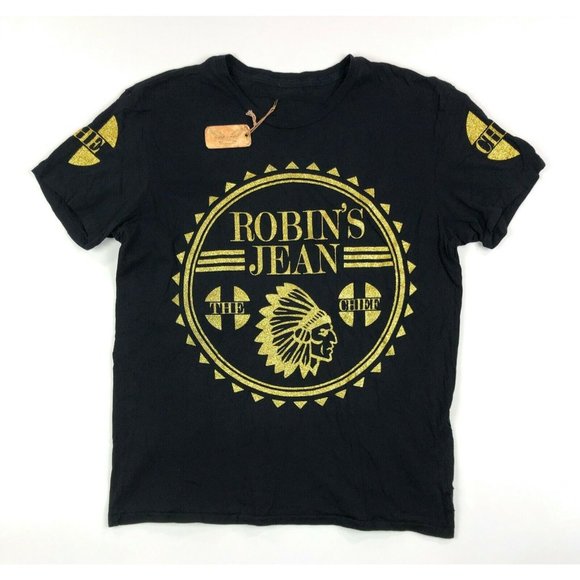 Robins Jean Chief Mens Large Slim Black Gold Glitter Short Sleeve Crew T Shirt - Picture 1 of 10